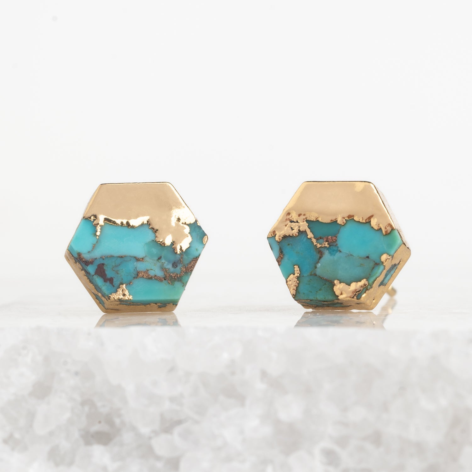 Set of 14k gold-plated studs, fair trade high quality cute earrings with unique turquoise stones set against a marble background. great Christmas present (Xmas gift), Mother's Day gift