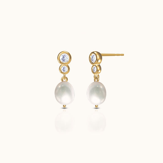 Dangle Natural Pearl CZ Bezel Bar Drop Bridal Stud Earrings