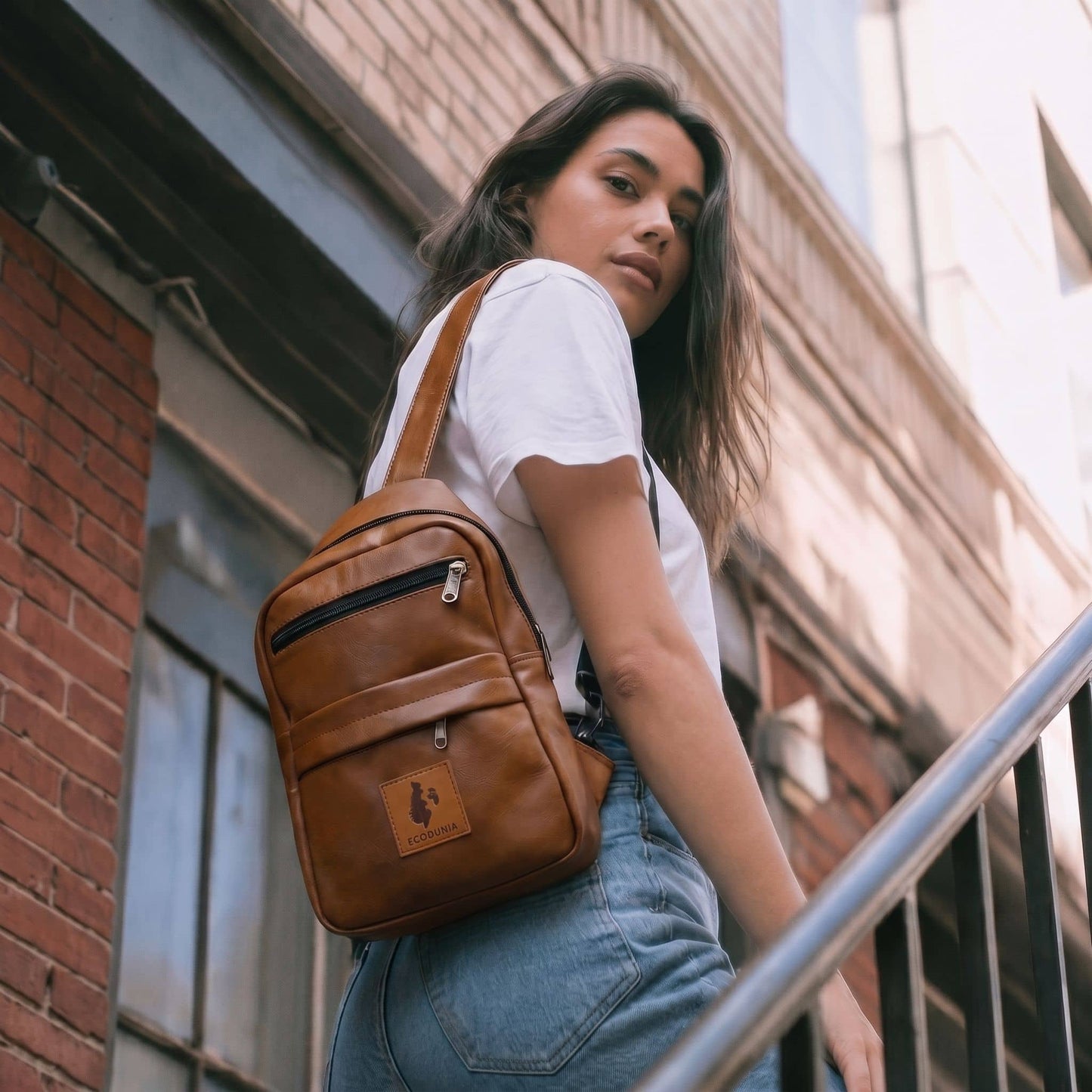 Umoja dark tan vegan leather large crossbody sling bag — Ecodunia #color_dark-tan