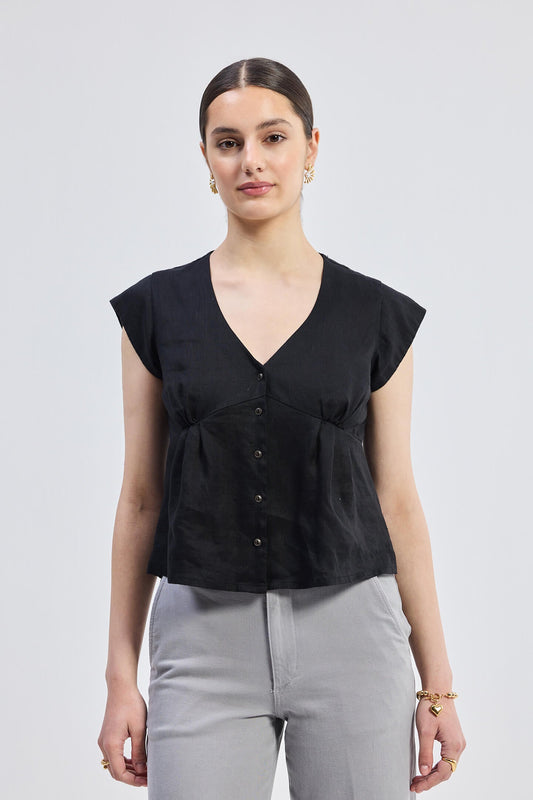 Deep V-neck short top in Black Front