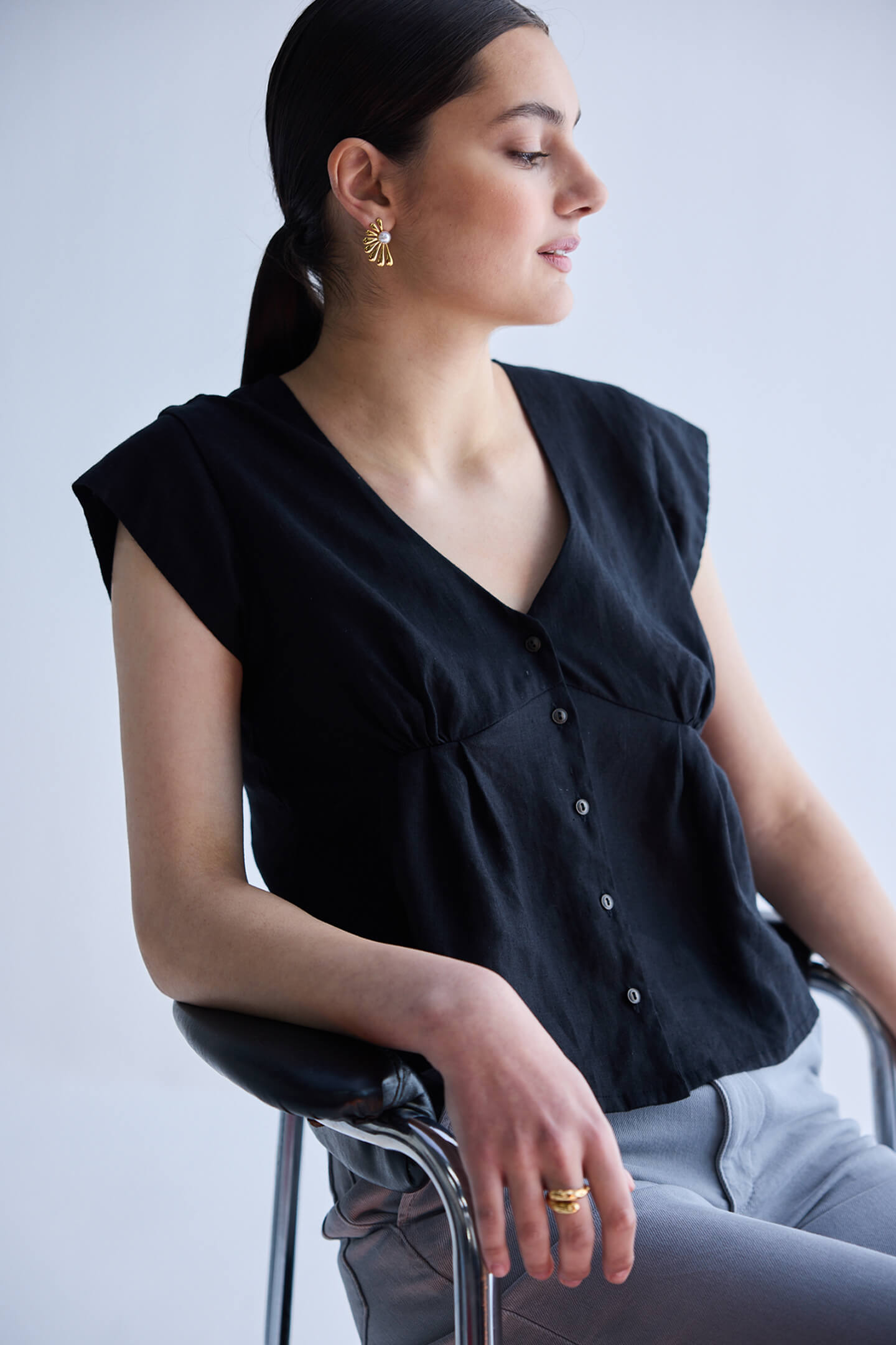 Deep V-neck short top in Black Moodshot