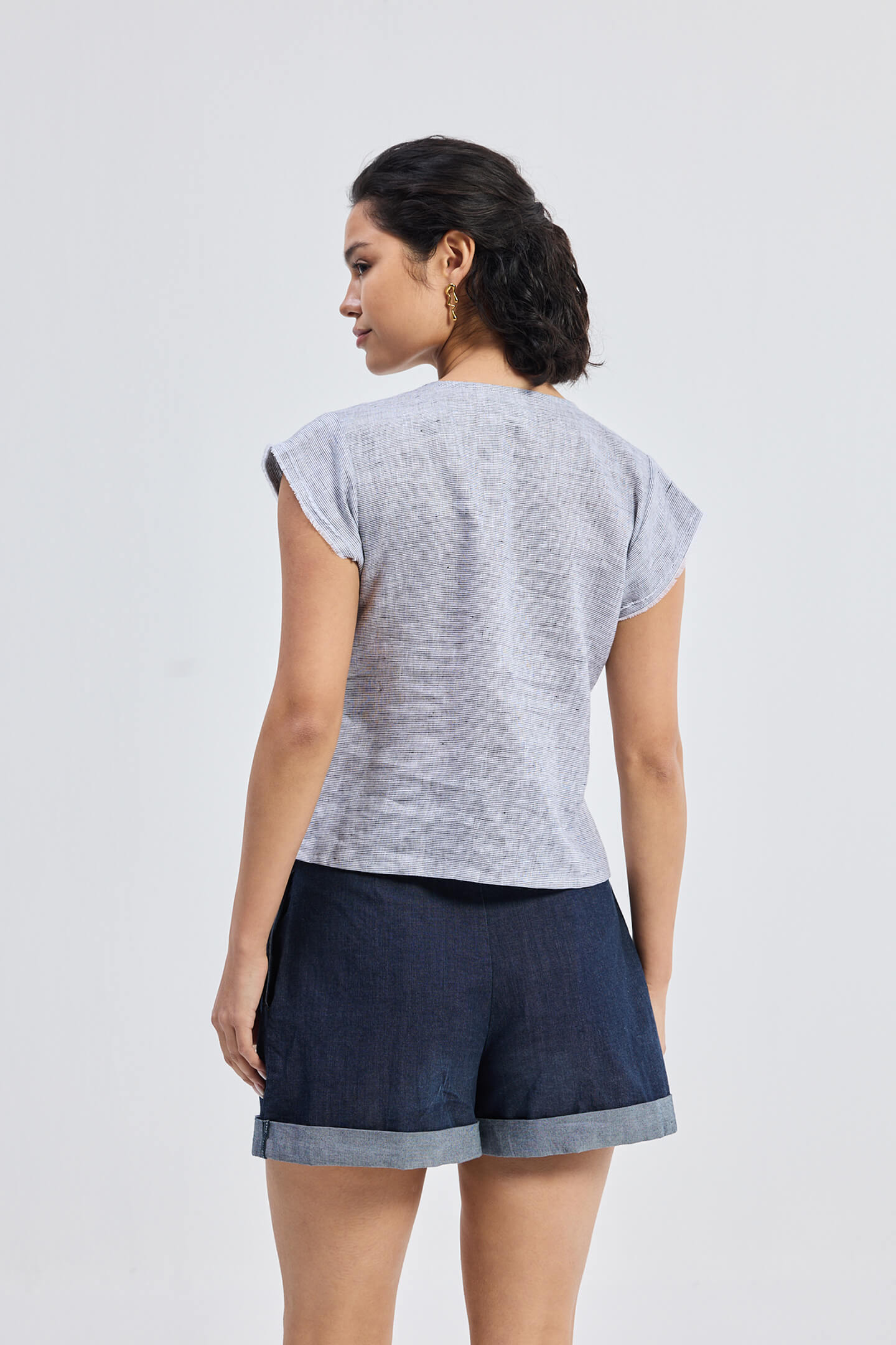 Deep V-neck short top in Linen Stripes Back