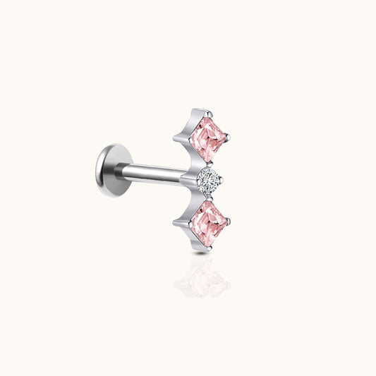 Diamond Shaped Pink CZ Bar Threadless Labret Titanium Flat Back Earring