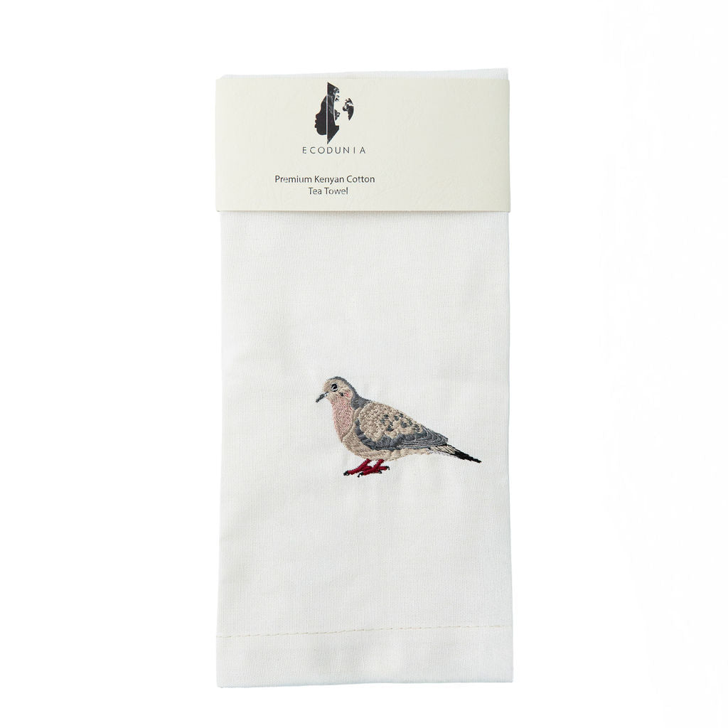 Mourning Dove embroidered cotton kitchen tea towel on white background