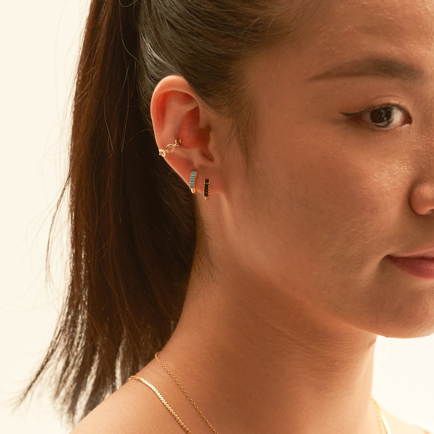 Black Baguette CZ Pave Huggie Hoop Earrings