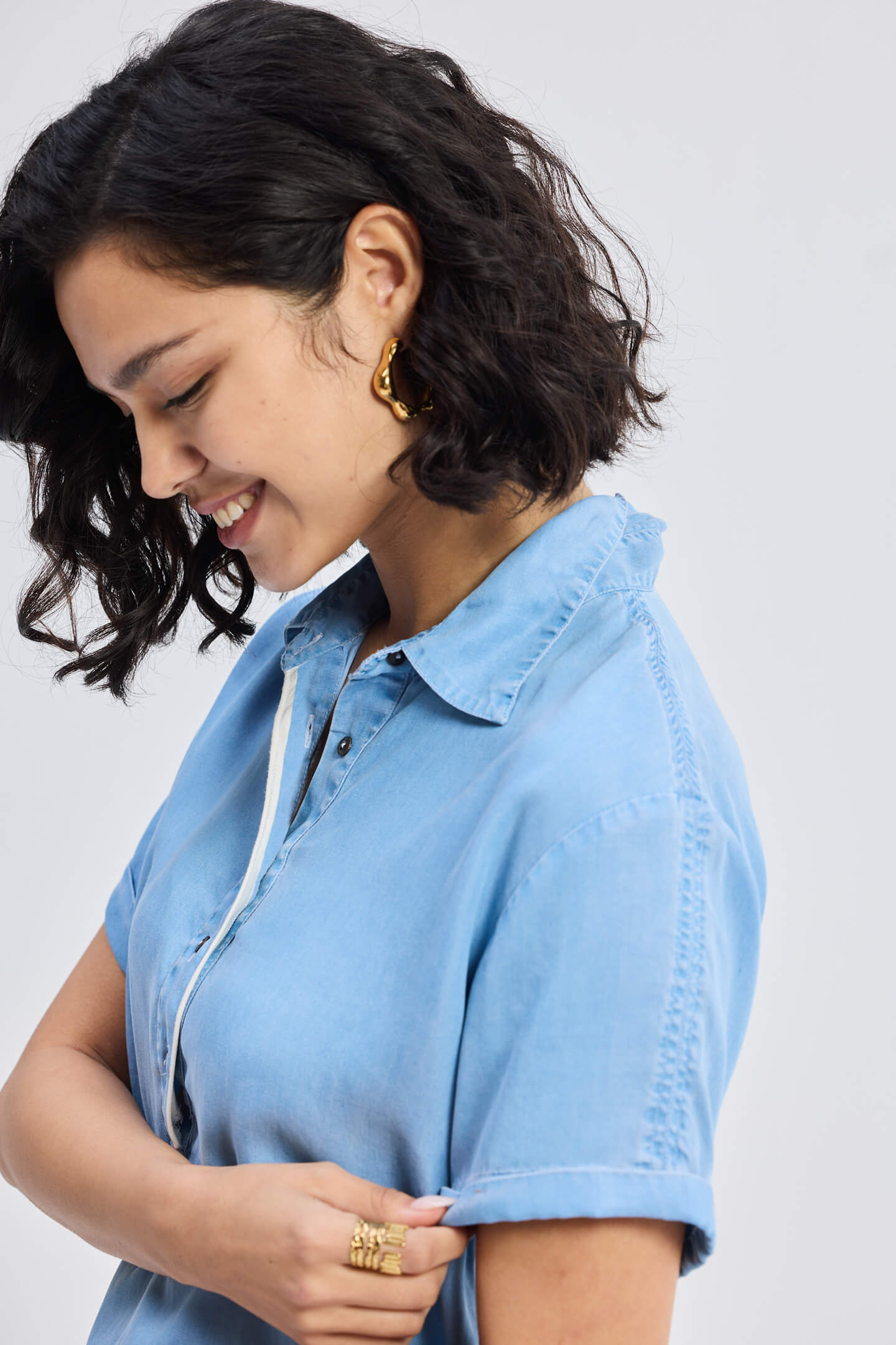 Drawstring Denim Shirt Dress with Front Buttons in Blue Closeup
