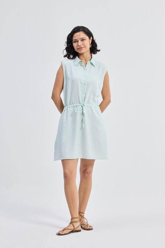 Drawstring Shirt Dress in Stripes Front