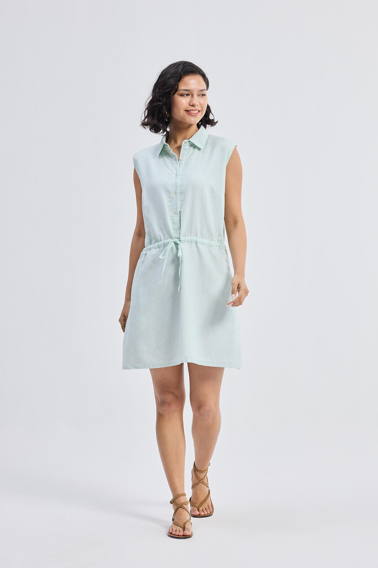 Drawstring Shirt Dress in Stripes Front
