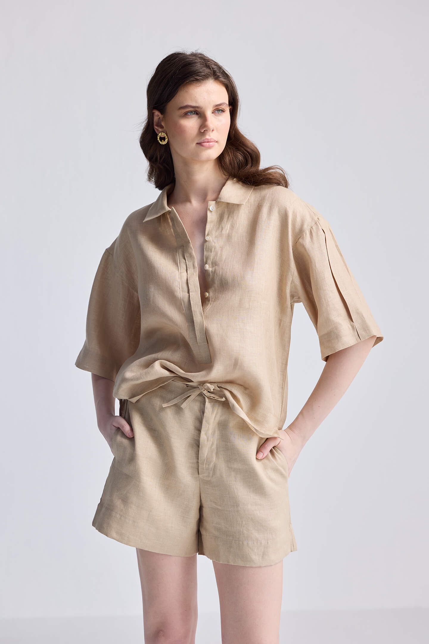 Drawstring Shorts in Neutral Beige Front