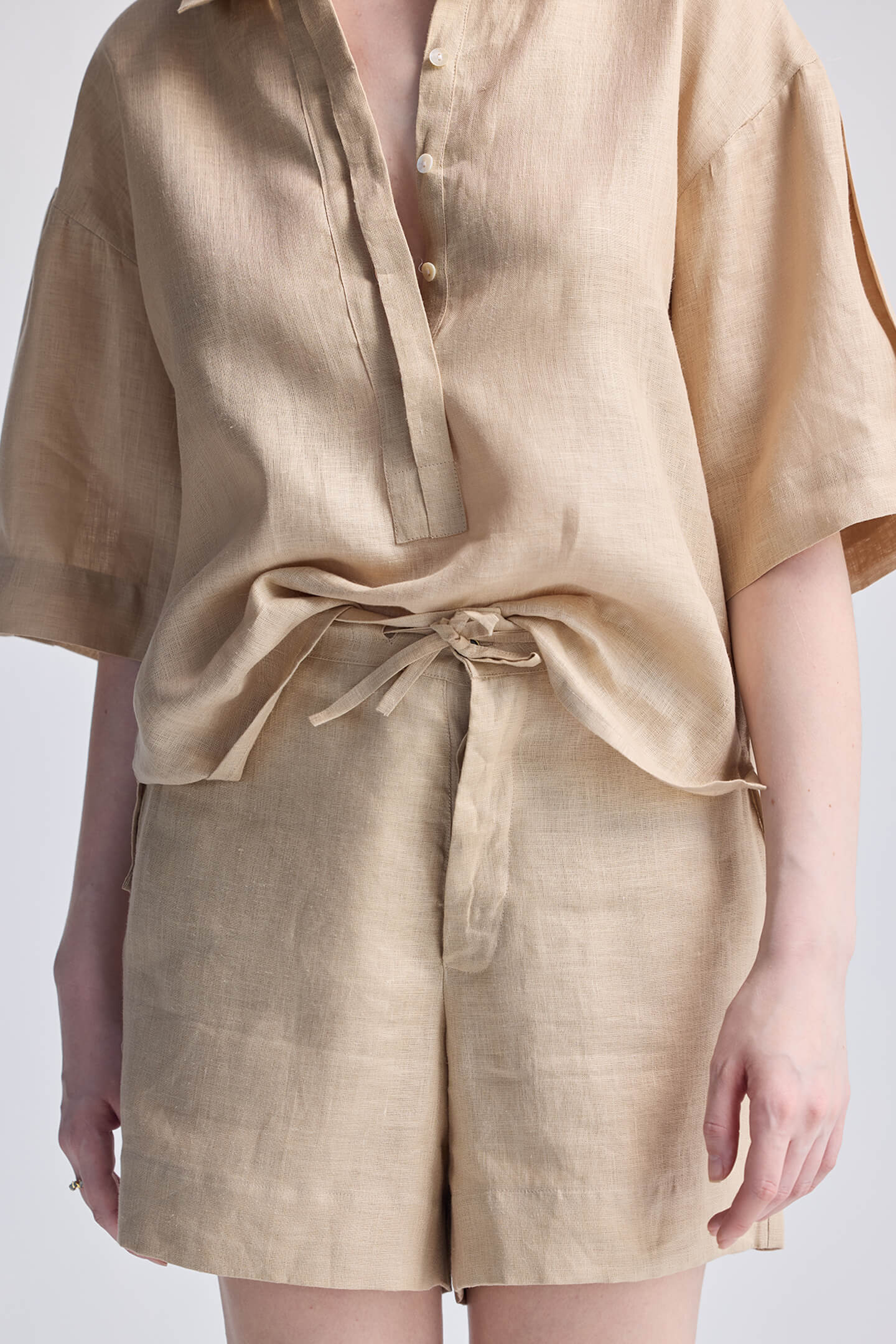 Drawstring Shorts in Neutral Beige Closeup