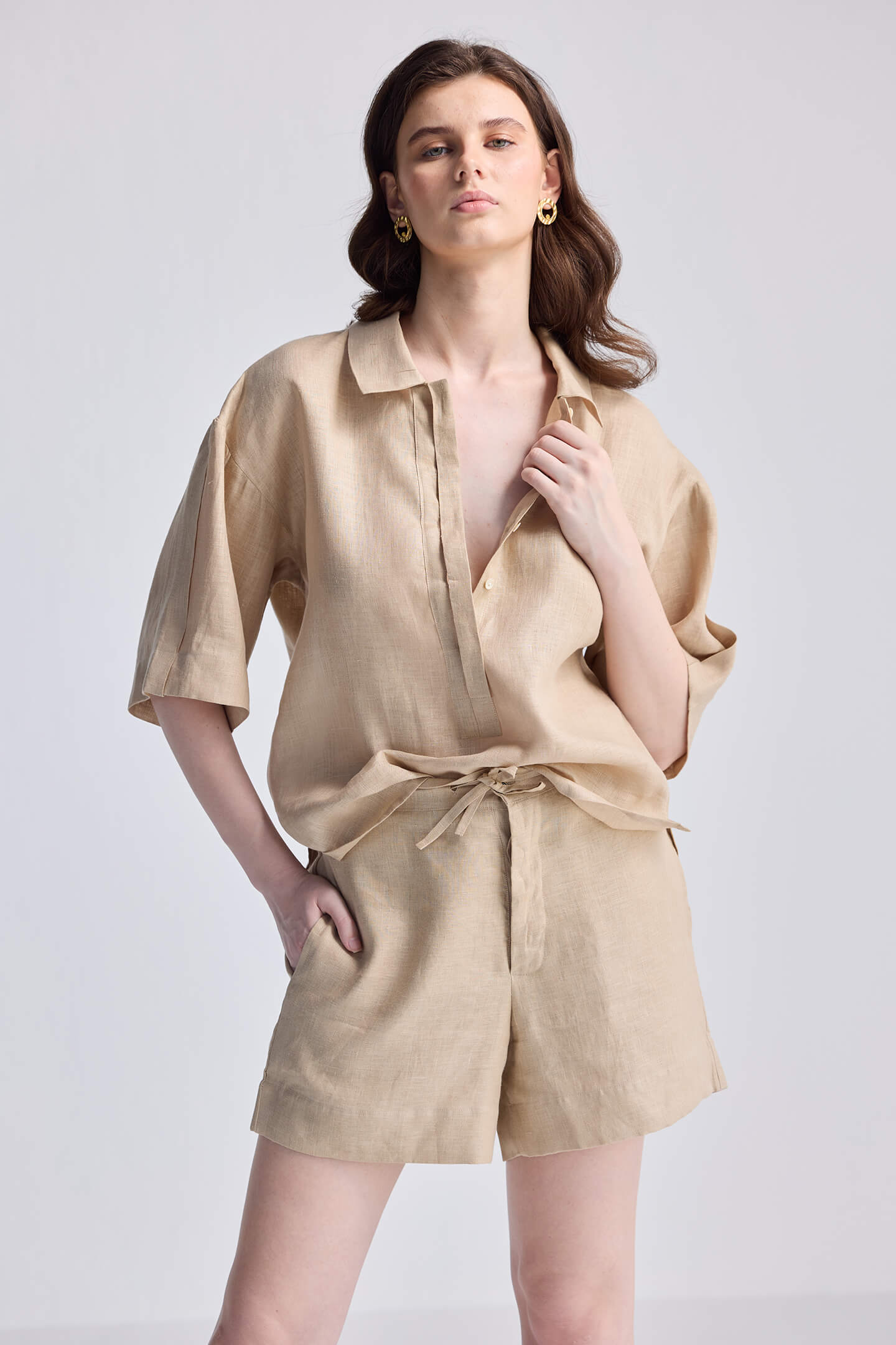 Drawstring Shorts in Neutral Beige Front