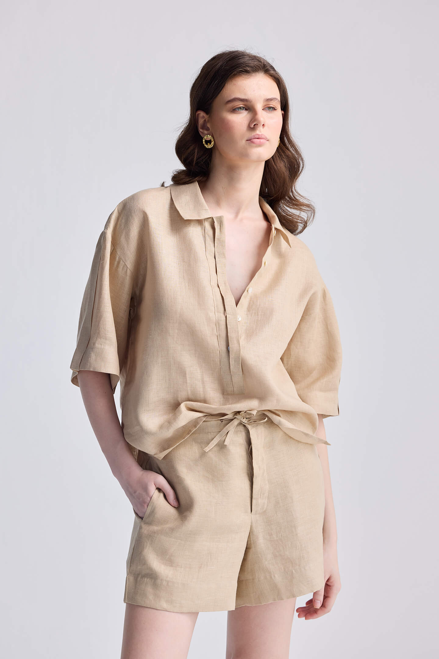 Drawstring Shorts in Neutral Beige Front