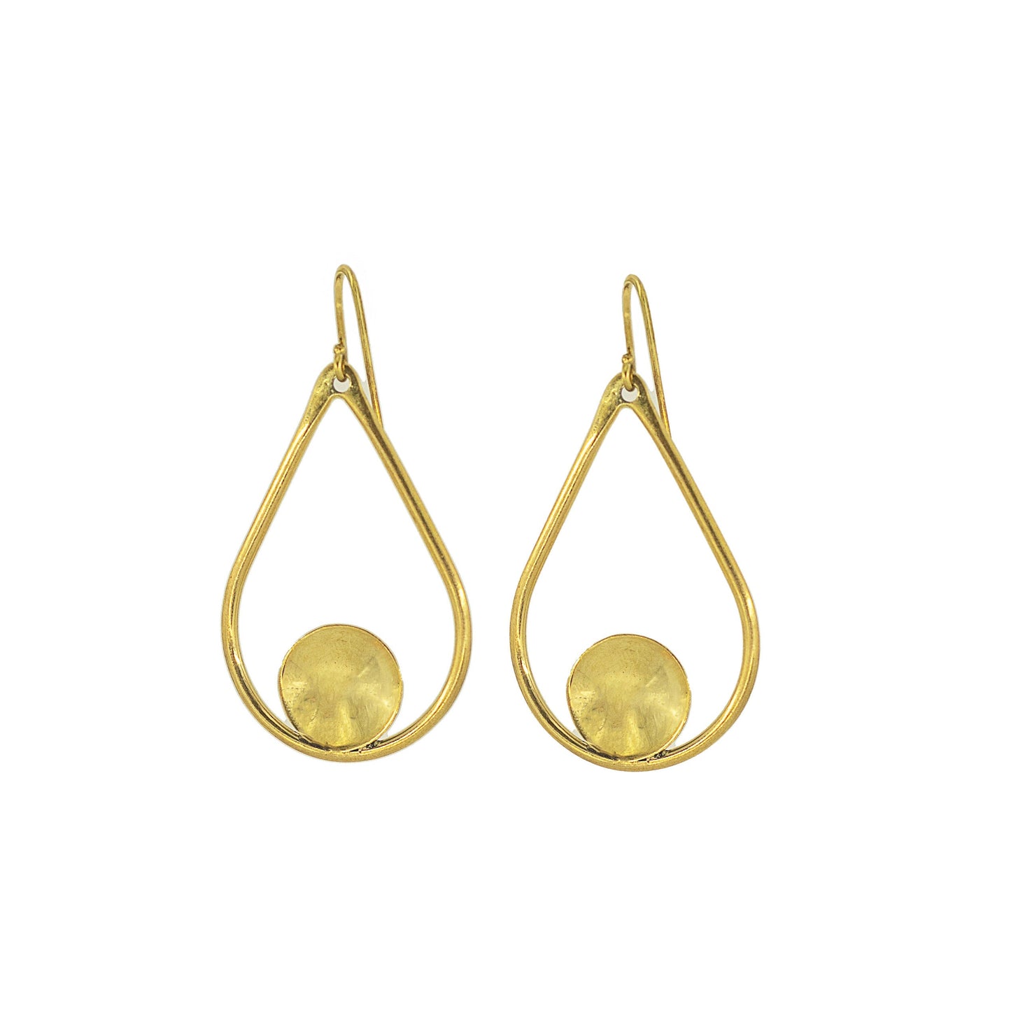 Shani open teardrop with floating disc brass earrings flat lay — Ecodunia