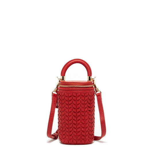 SUSU Red Leather Purse Mini Crossbody Bag Weave Small Bucket Bag Women's Handbag