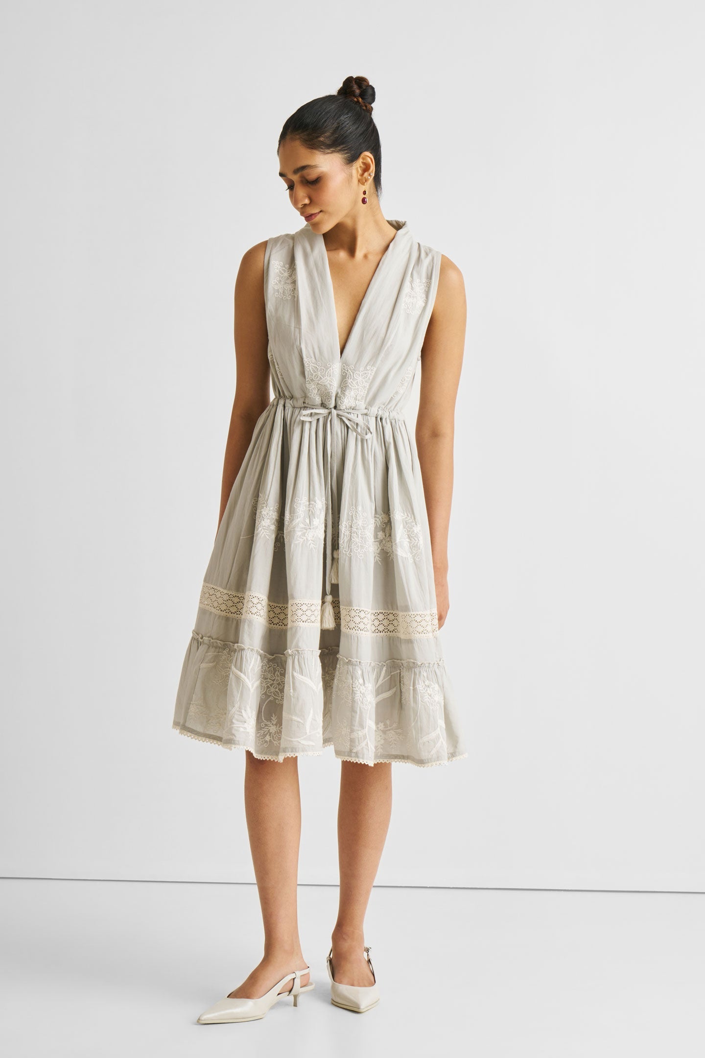Embroidered Drawstring Gathered Dress in Grey Long Shot