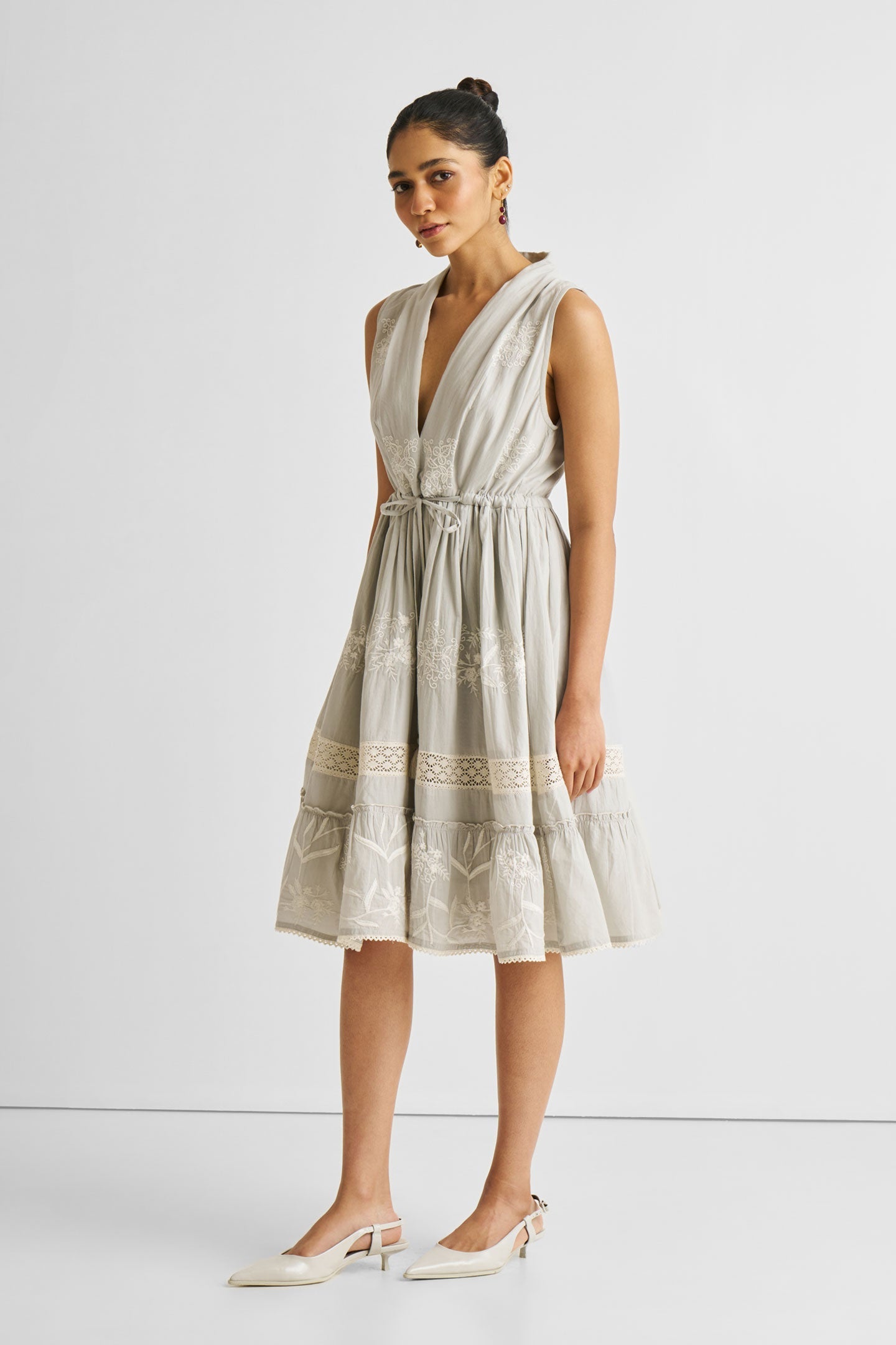 Embroidered Drawstring Gathered Dress in Grey Long Shot