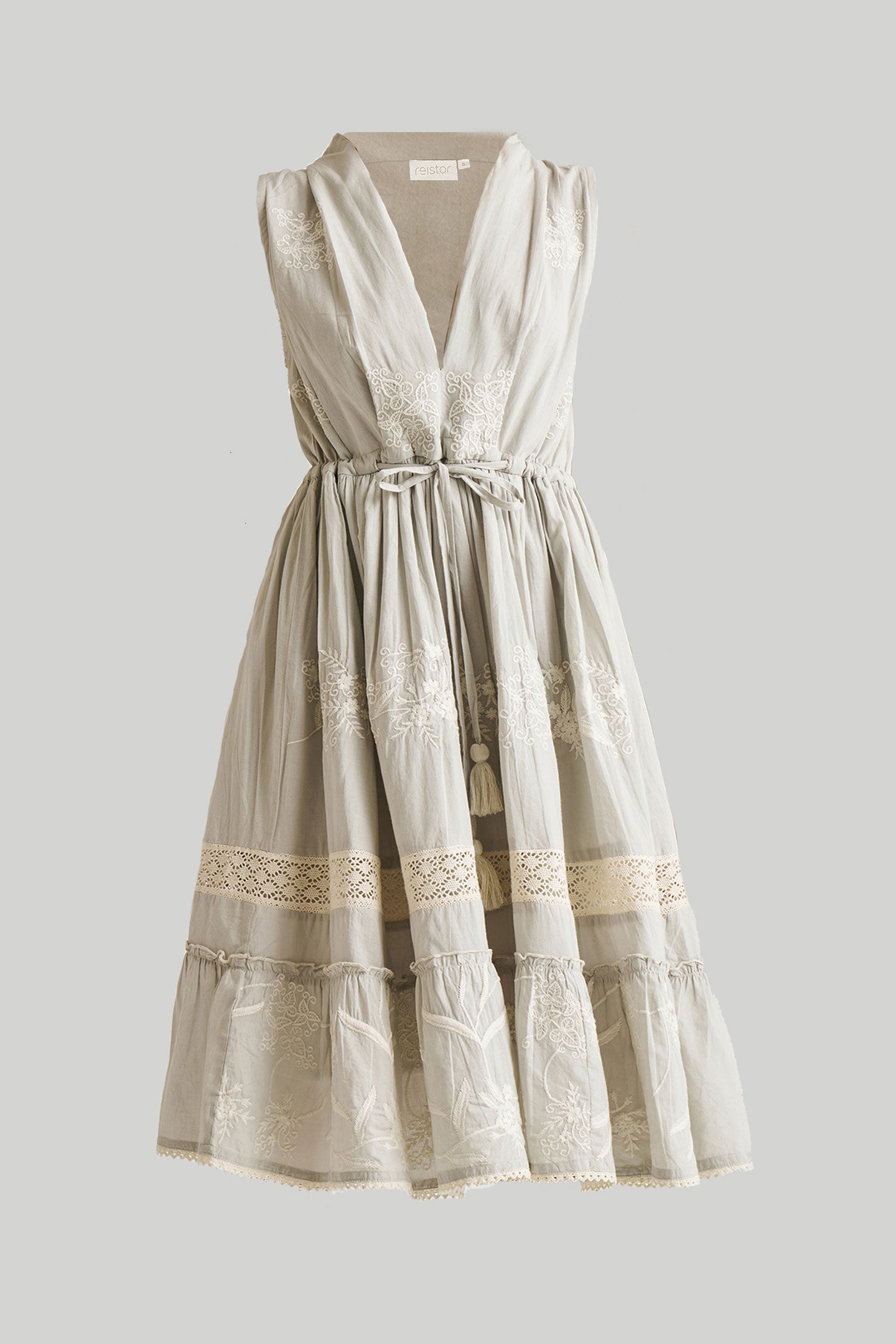 Embroidered Drawstring Gathered Dress in Grey Flat Lay