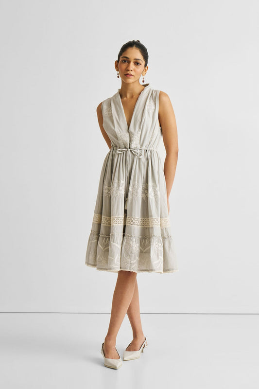 Embroidered Drawstring Gathered Dress in Grey Long Shot