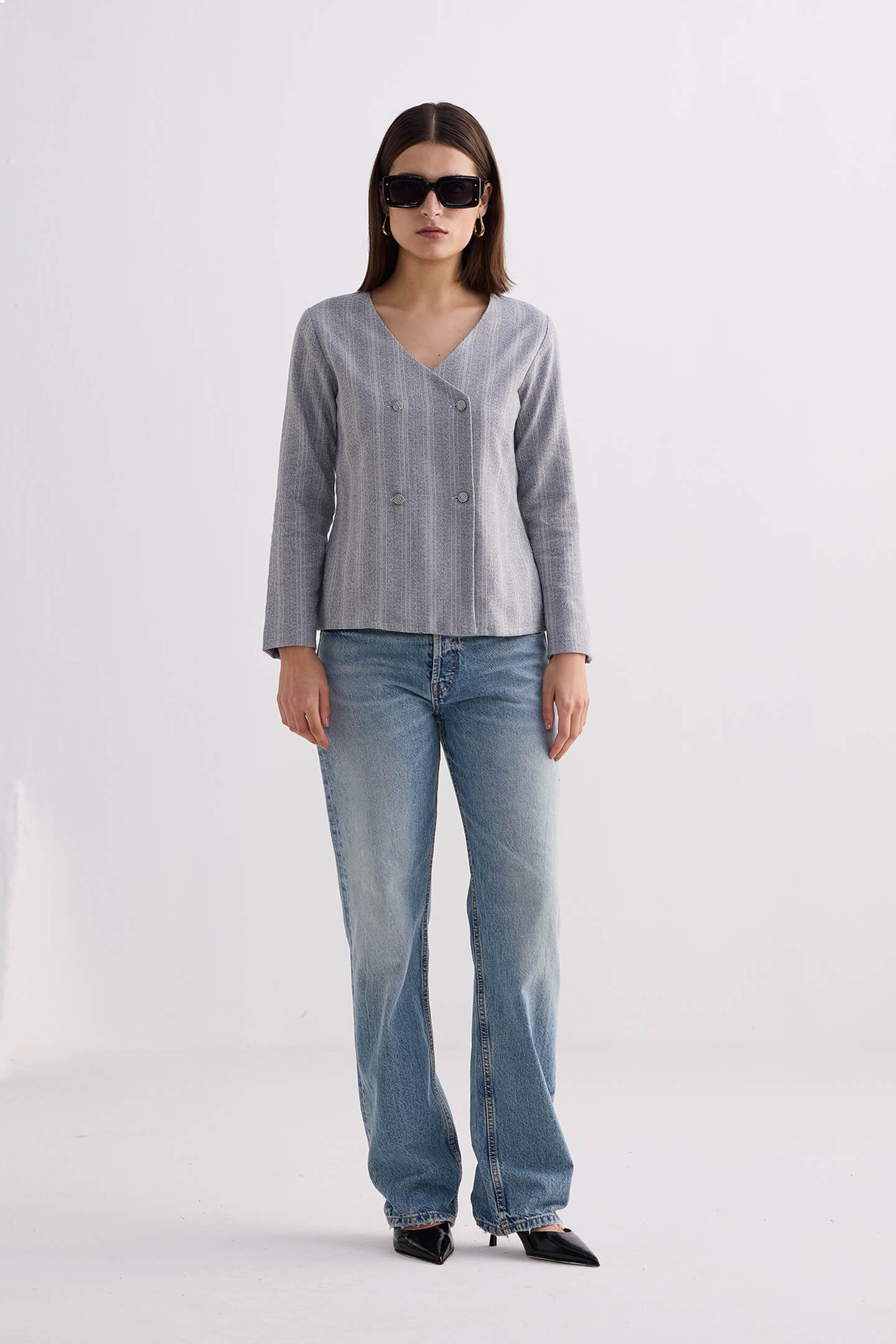 Fitted Cotton Tweed Jacket in Grey Long Shot