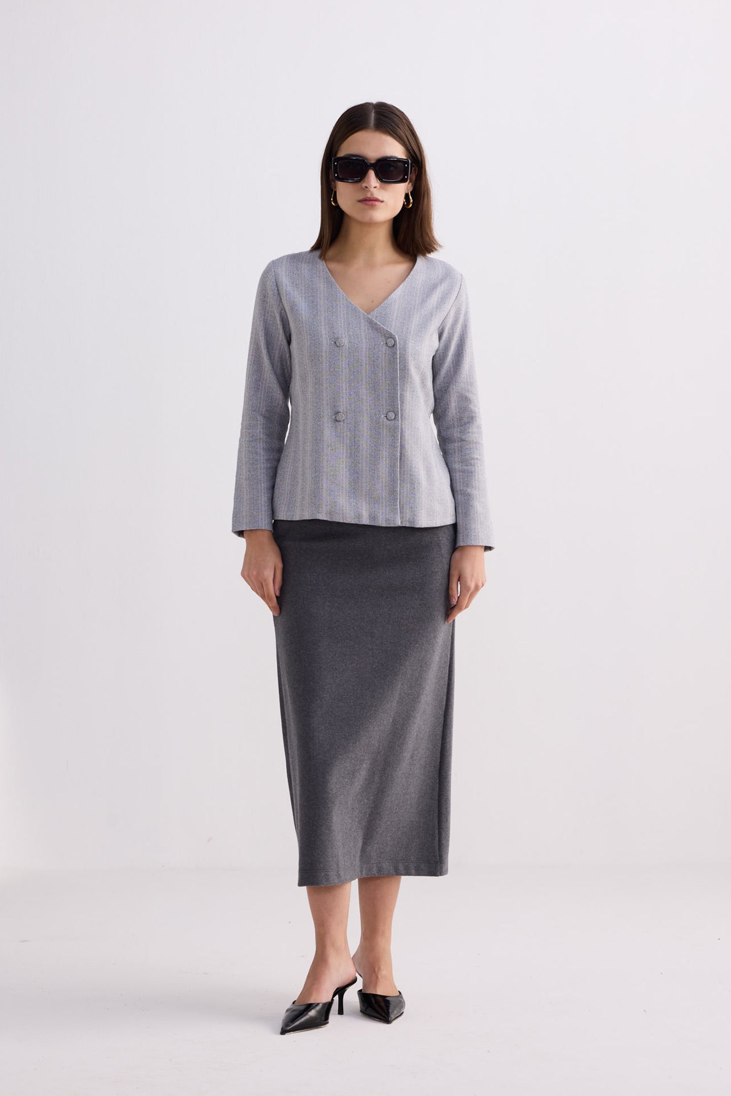 Fitted Cotton Tweed Jacket in Grey Long Shot