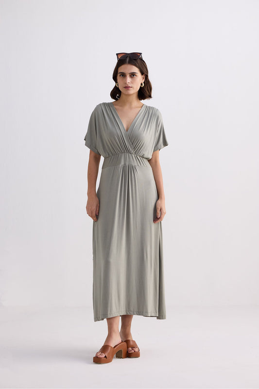Flowy A-Line Maxi Dress with Side Slits in Light Olive Front