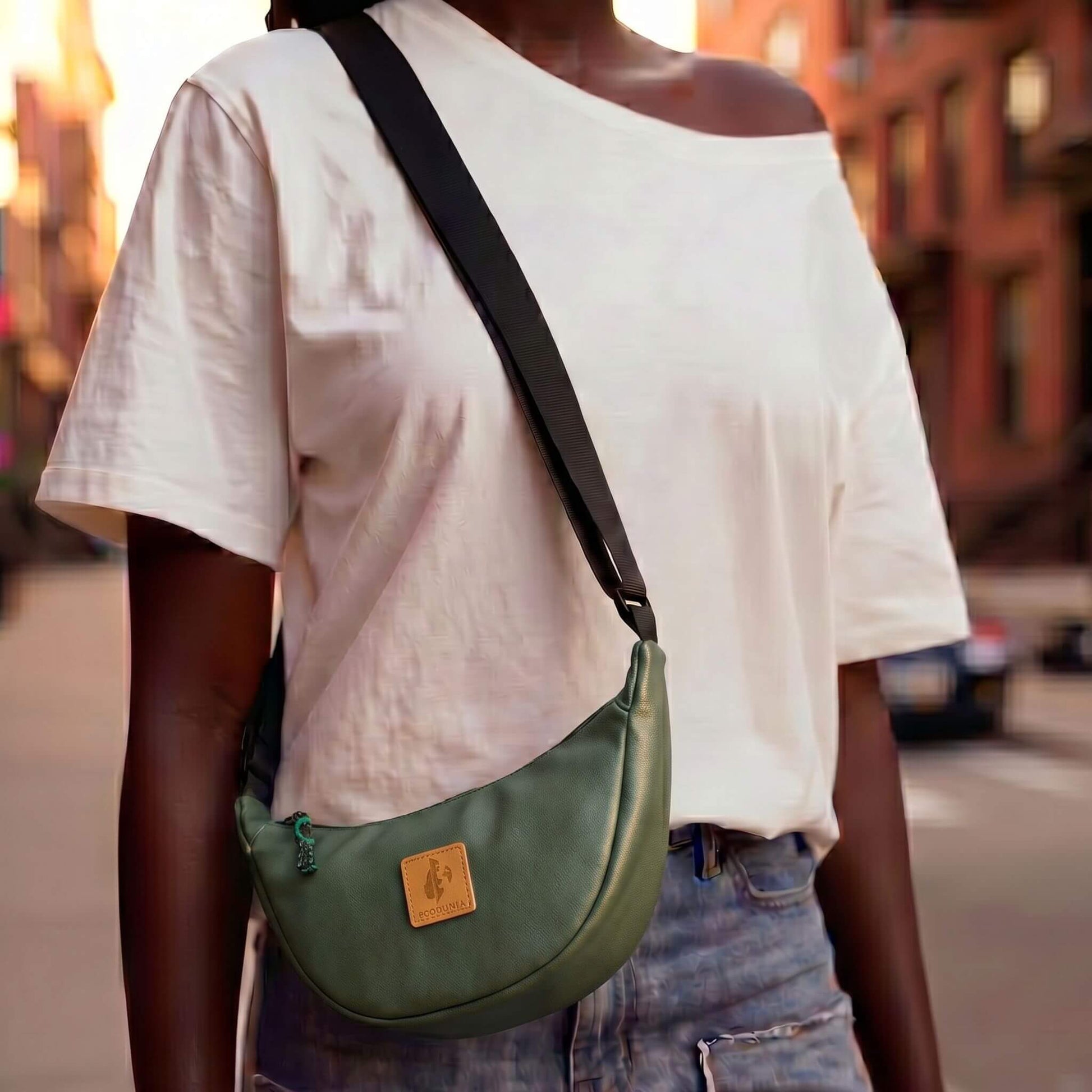 Round Mini Vegan Leather Crossbody Shoulder Bag #color_forest-green