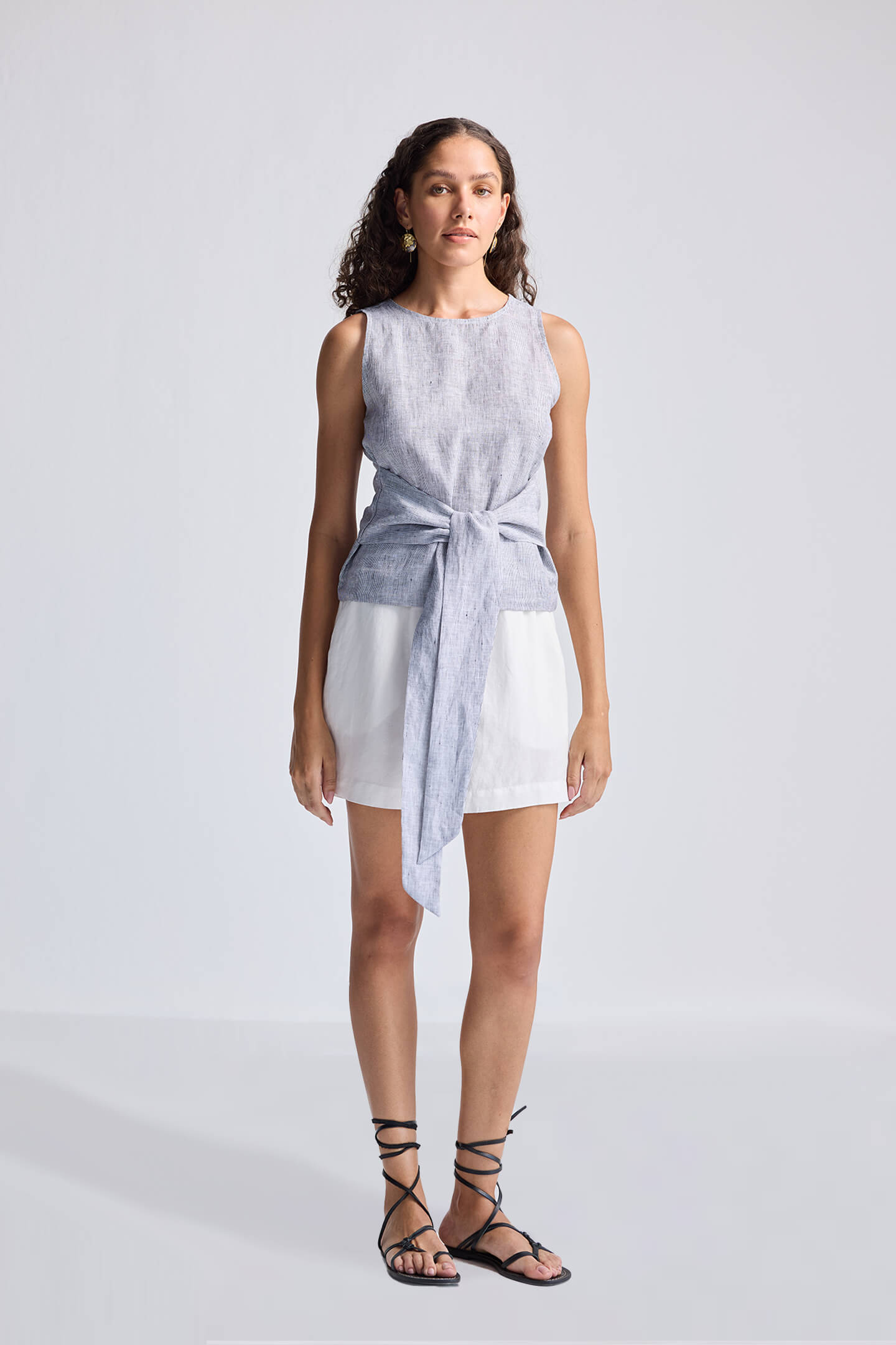 Front-tie Top in Linen Stripes Front