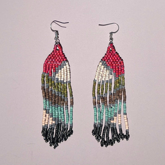 Ceramic Bead Earrings - Long Earth-Tone Fringe