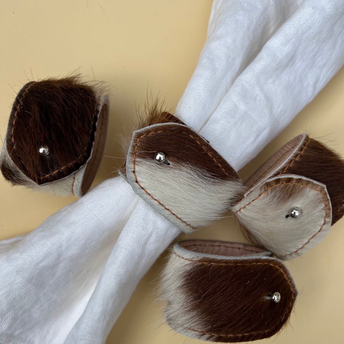 Hair on Hide Stud Closure Napkin Rings (Brown/Cream)