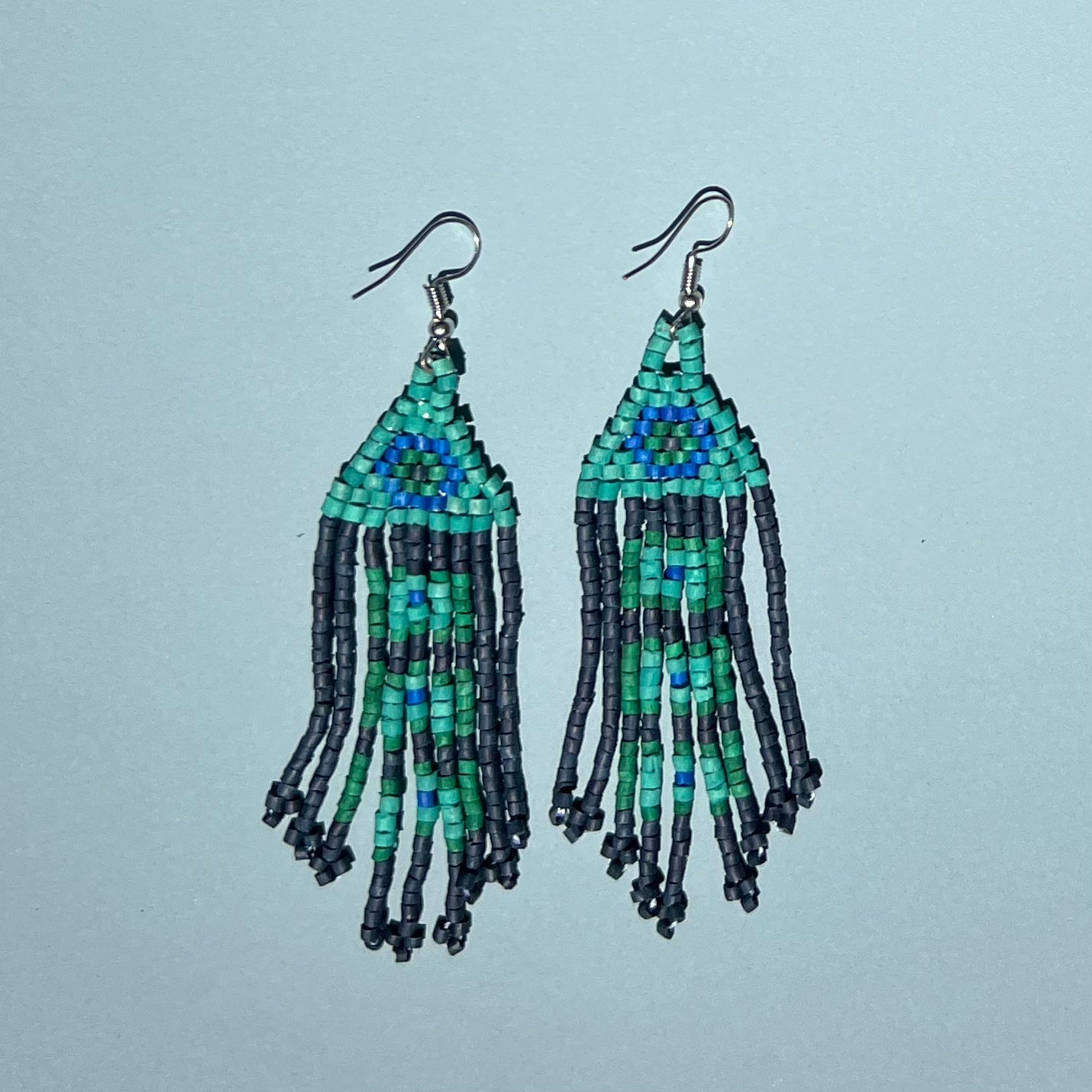 Ceramic Bead Earrings - Blue-Green Fringe
