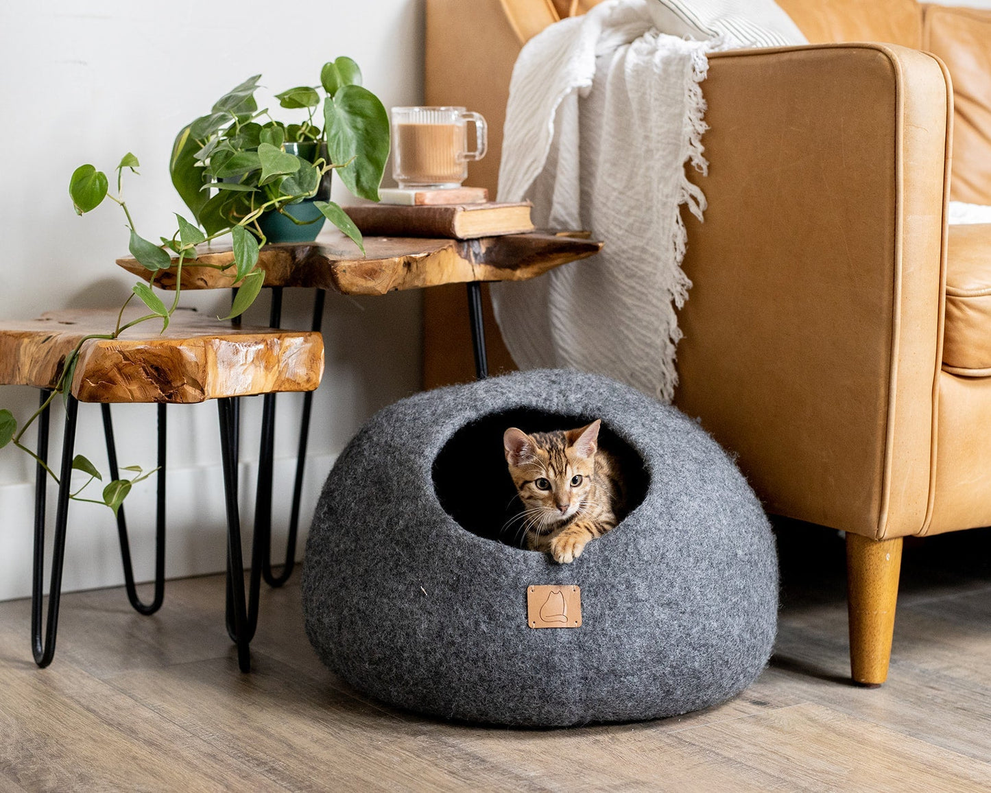 Premium Felted Wool Cat Cave Bed - Cozy Peekaboo Round Cave for Large or Small Cats