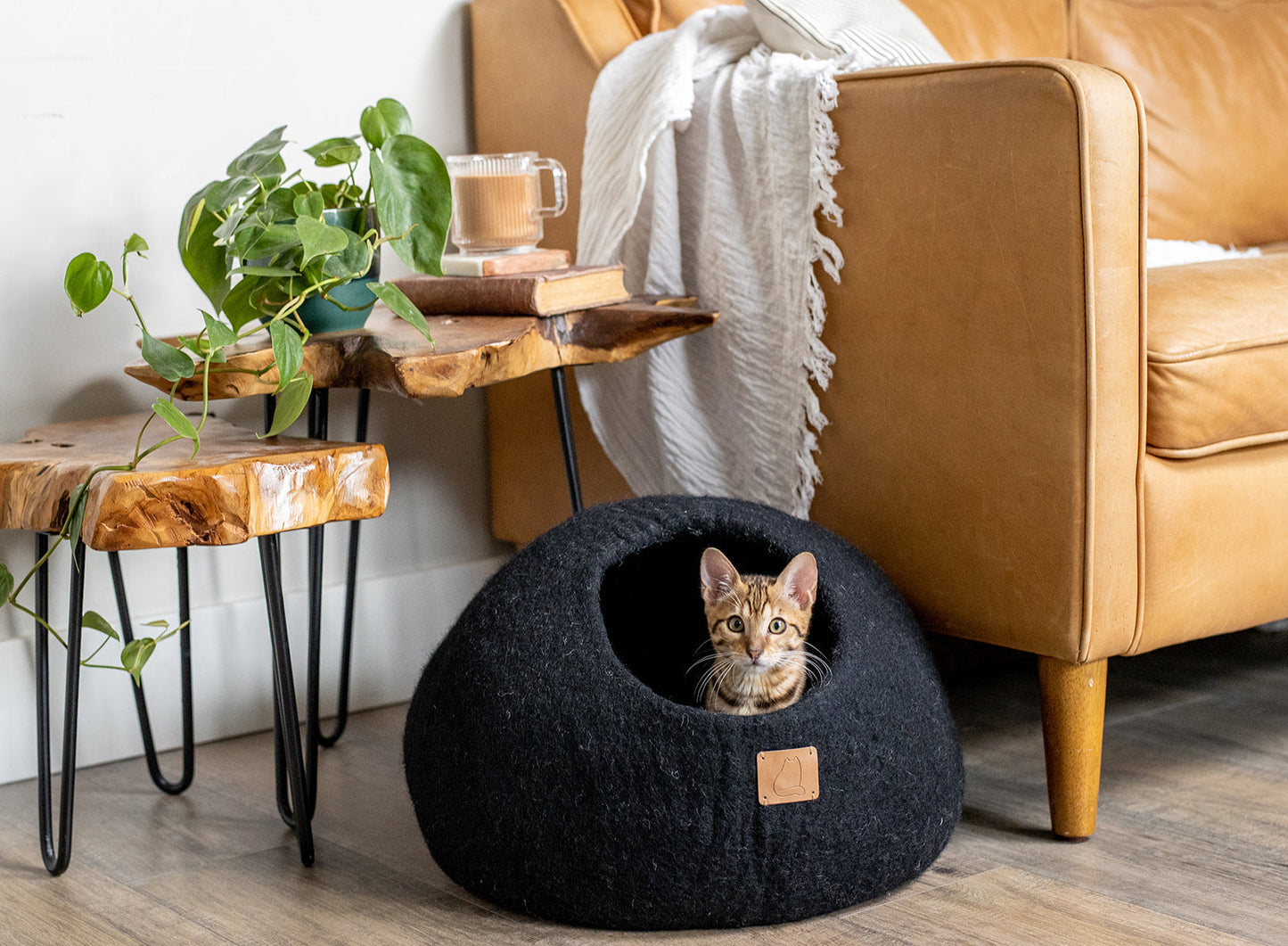 Premium Felted Wool Cat Cave Bed - Cozy Peekaboo Round Cave for Large or Small Cats