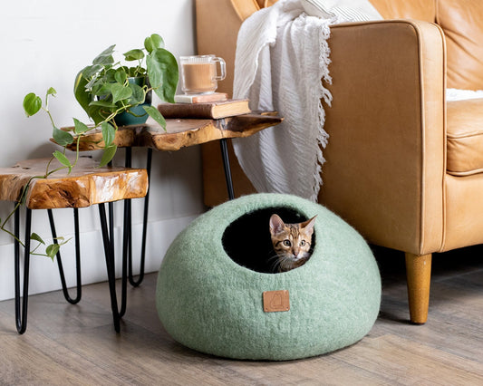 Premium Felted Wool Cat Cave Bed - Cozy Peekaboo Round Cave for Large or Small Cats