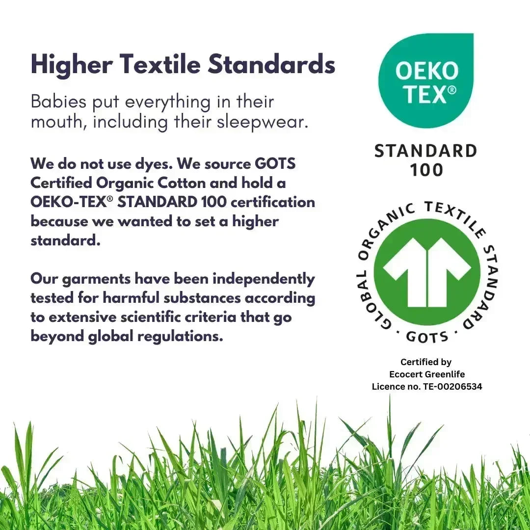 Experience elevated textile standards for baby sleepwear with the Early Stages Bundle | 0 - 6 months, featuring organic cotton and proudly certified by OEKO-TEX Standard 100 and GOTS. Displayed atop lush green grass, these baby sleepwear essentials offer your little one gentle comfort for safe, peaceful nights. Trusted OEKO-TEX and GOTS certification logos assure parents of high-quality materials in every bundle—ideal for providing both softness and peace of mind.