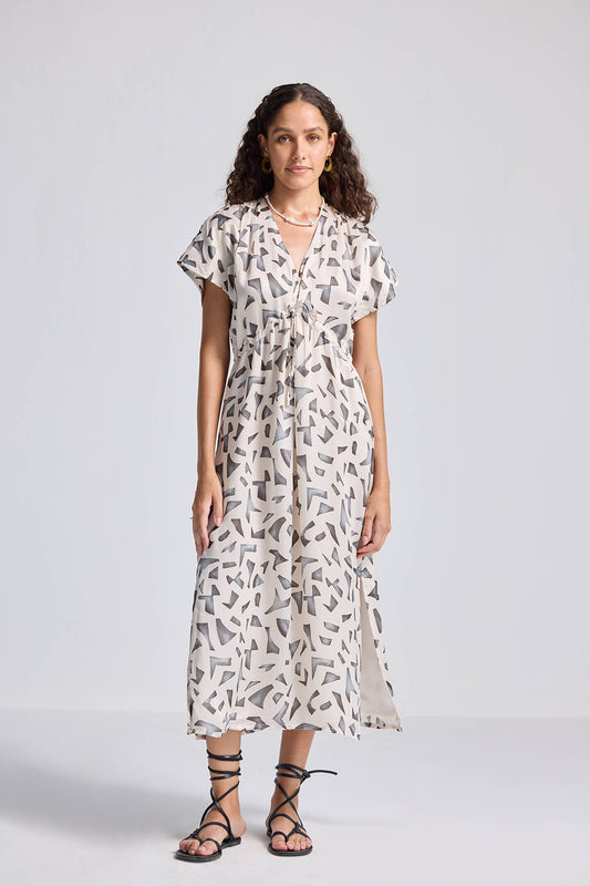 Gathered Maxi Dress with Side Slits in Mosaic Front