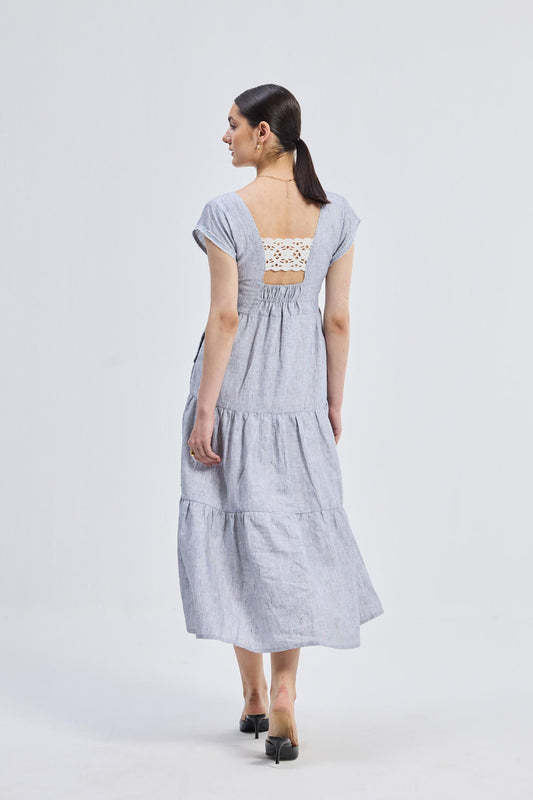 Maxi Tired Dress with Front-ties in Linen Stripes Back