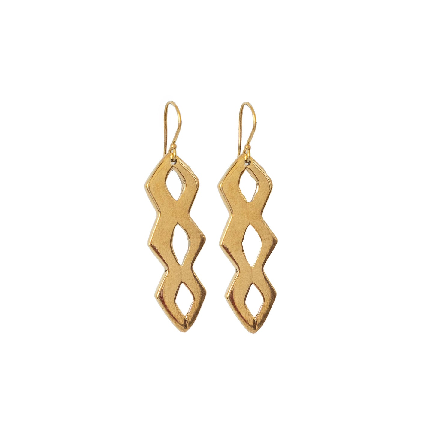 Chaka brass geometric lattice drop earrings worn showing length