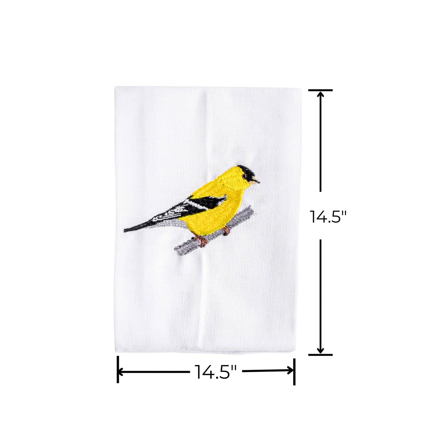 Goldfinch embroidered cotton dinner napkin on white surface
