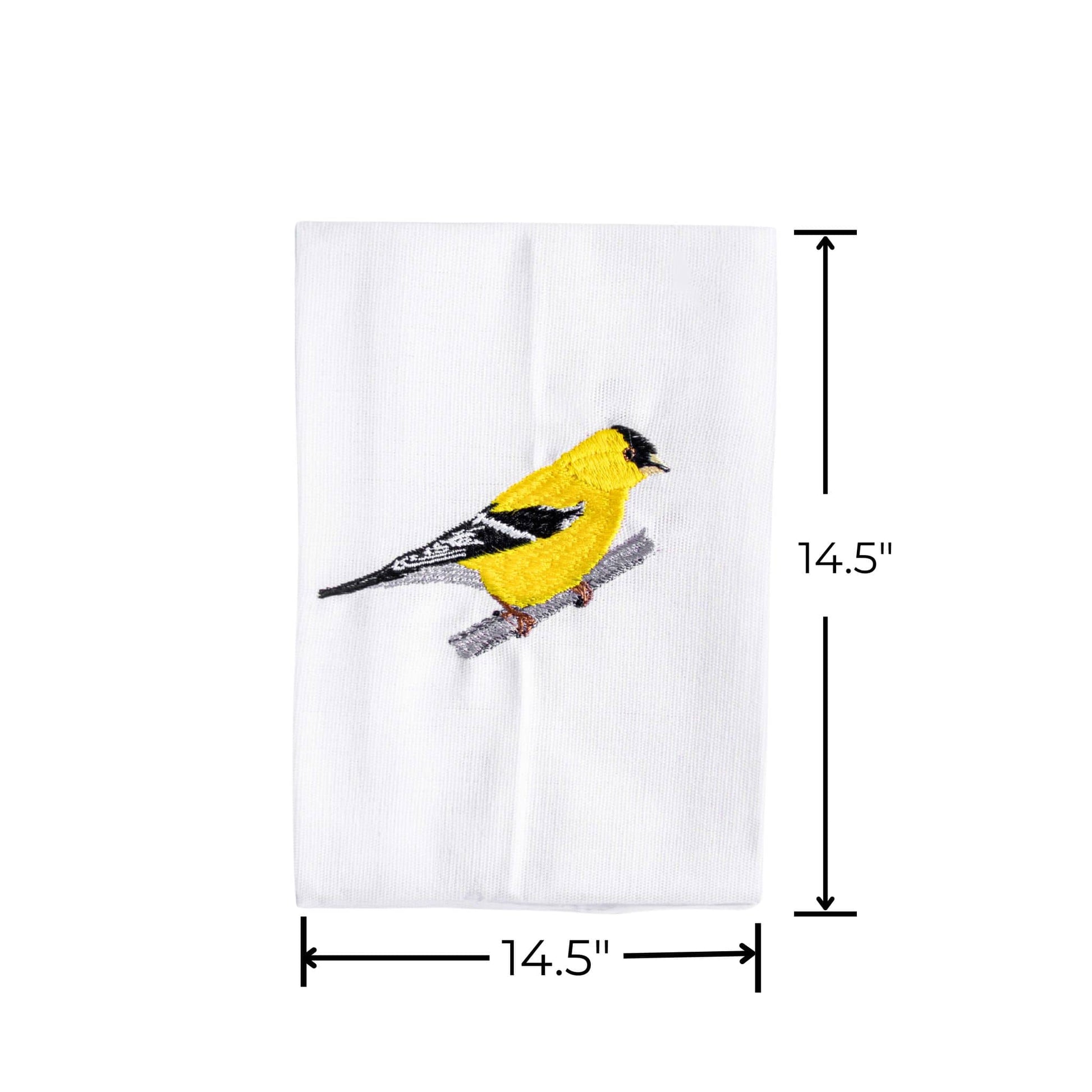 Goldfinch embroidered cotton dinner napkin on white surface