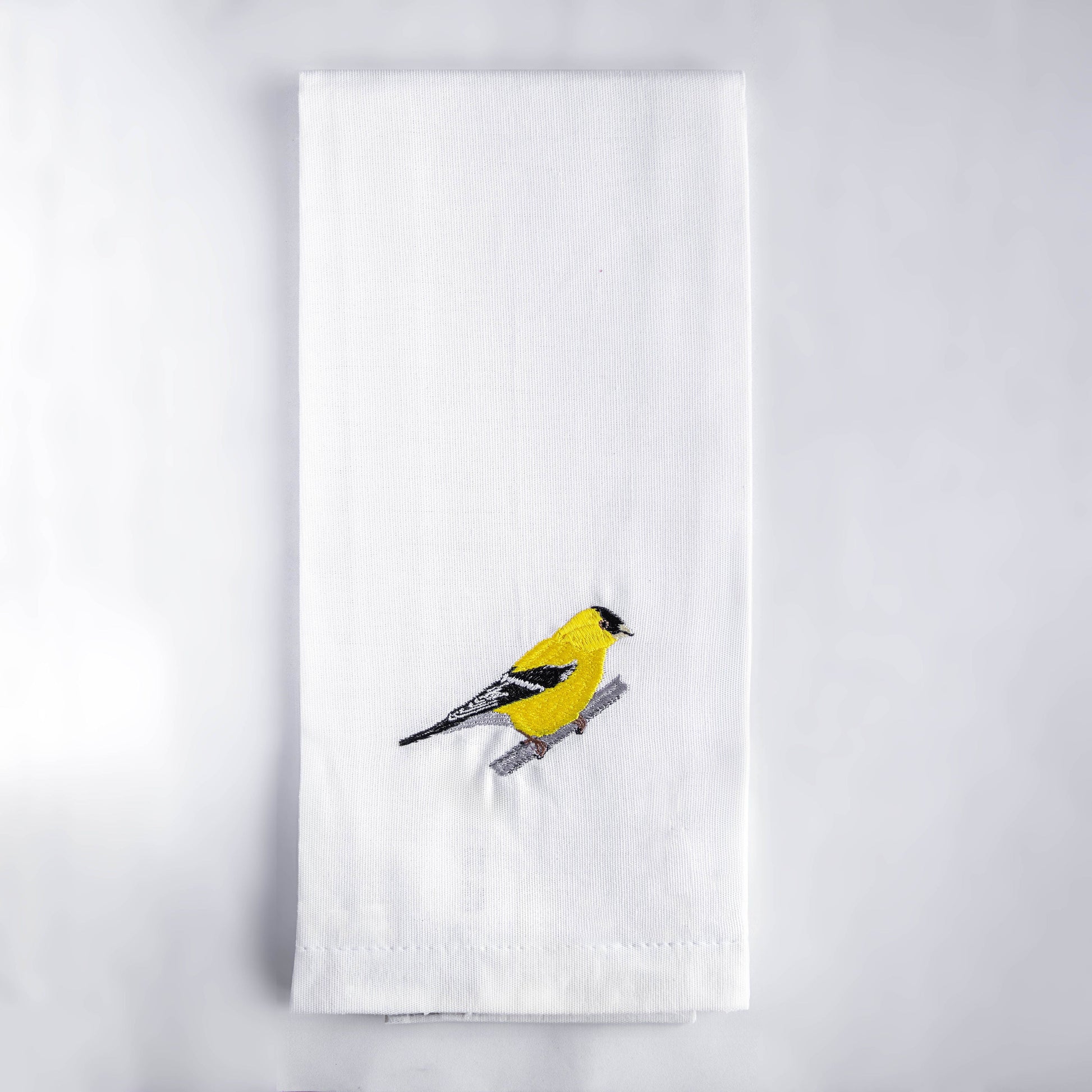 Goldfinch Bird embroidered cotton kitchen tea towel detail #birds_goldfinch