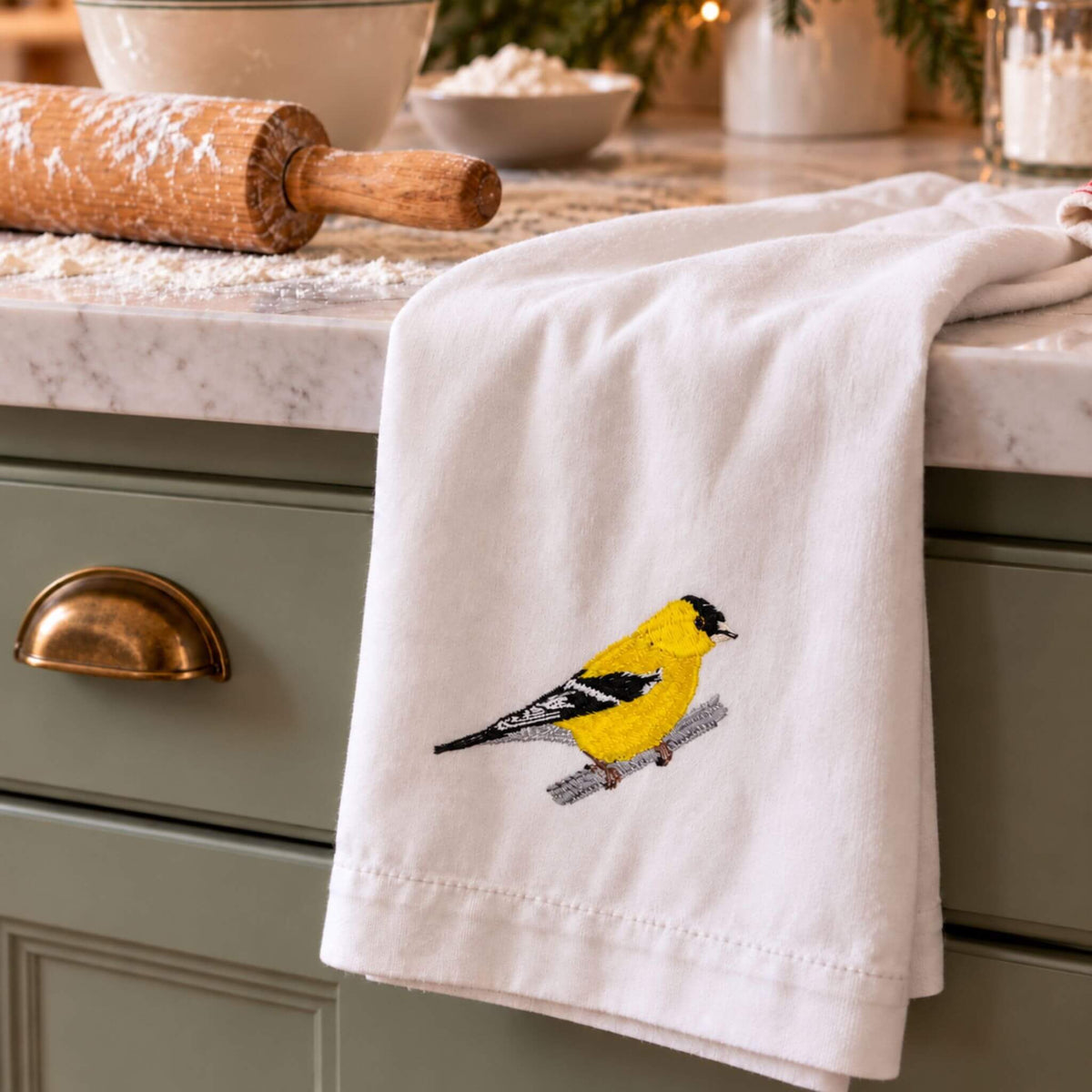 Goldfinch Bird Embroidered Cotton Kitchen Tea Towel EcoDunia #birds_goldfinch