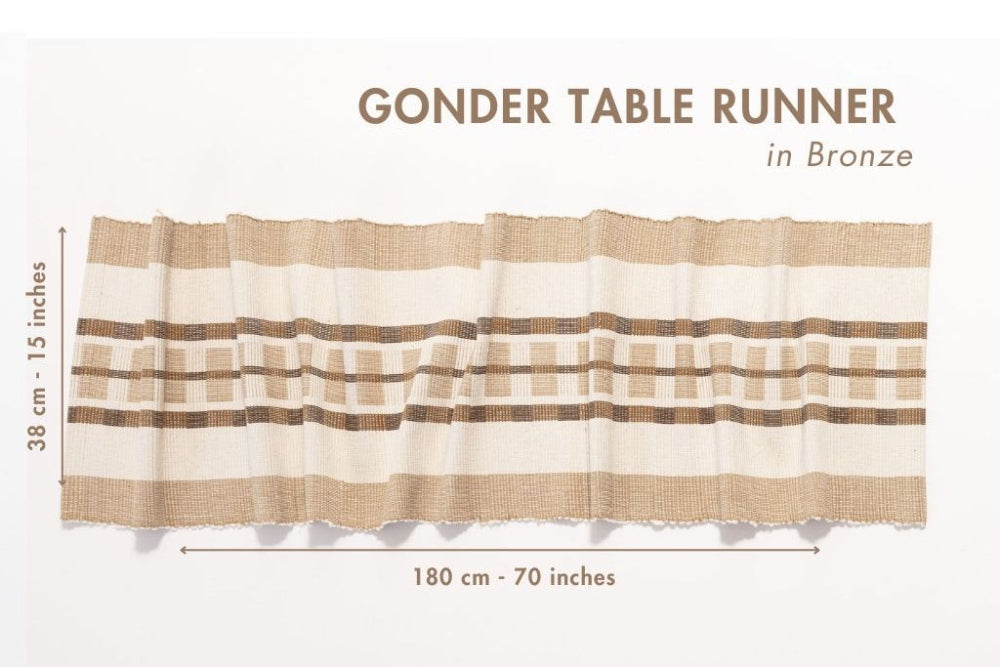 Gonder table runner in bronze with dimensions on a white background