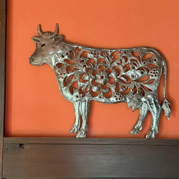 Haitian Metal Cow Wall Art 17x13 Hand Chiseled Recycled 