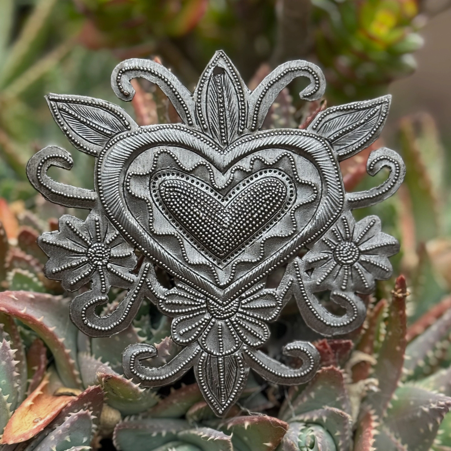 Haitian Metal Heart with Flowers Fair Trade Steel Art 4.5"