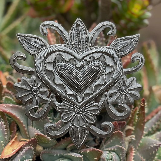 Haitian Metal Heart with Flowers Fair Trade Steel Art 4.5"