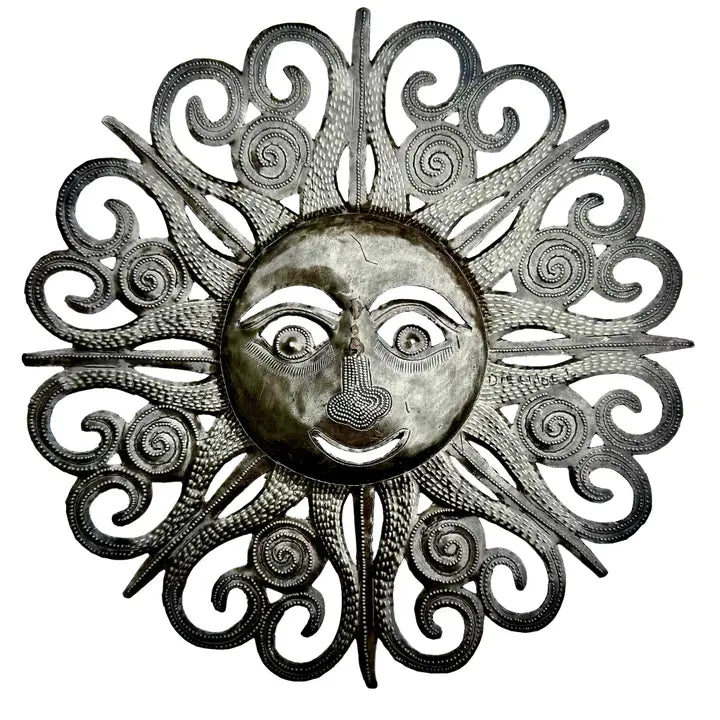 Haitian Metal Sun Face Wall Art 10x10 Hand Chiseled Recycled