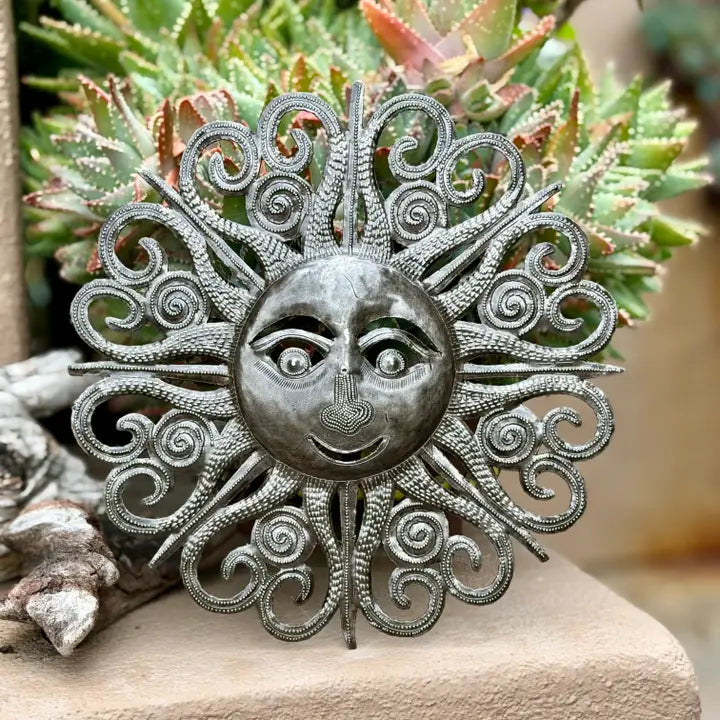 Haitian Metal Sun Face Wall Art 10x10 Hand Chiseled Recycled
