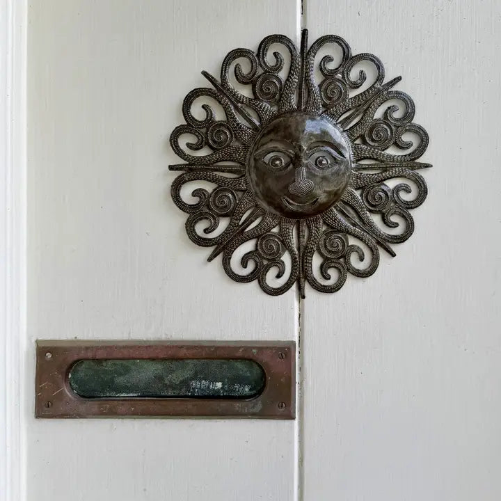 Haitian Metal Sun Face Wall Art 10x10 Hand Chiseled Recycled