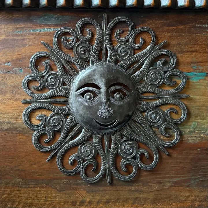 Haitian Metal Sun Face Wall Art 10x10 Hand Chiseled Recycled