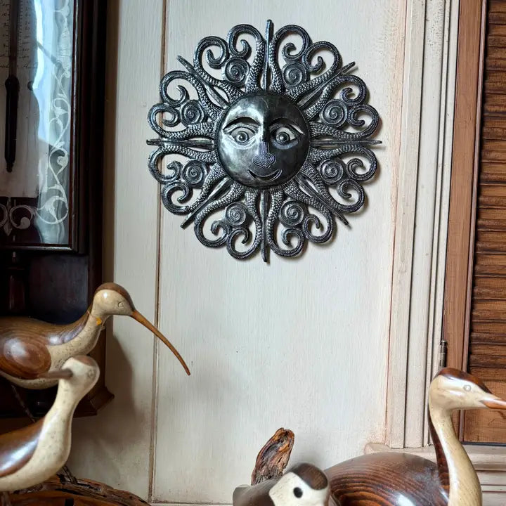 Haitian Metal Sun Face Wall Art 10x10 Hand Chiseled Recycled